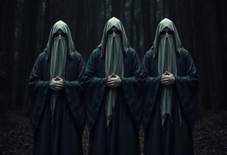 The characters in the image exudes an eerie, ritualistic presence. There are three identical figures standing in formation, cloaked in long, dark robes that shroud their entire bodies. Their faces and heads are wrapped in aged, tattered white cloth, hiding all identity and emotion. Hands clasped solemnly in front of them, they almost resemble mourners—or perhaps monks from some forgotten, shadowy order. The dense, dim forest behind them amplifies the unsettling stillness, casting them as ancient guardians or silent judges of a cursed domain.
They feel more like a single entity multiplied—an ominous trio with one collective purpose. I could imagine them as spectral watchers in a dark fantasy story, cultists of an eldritch god, or even avatars of judgment in a post-apocalyptic world.