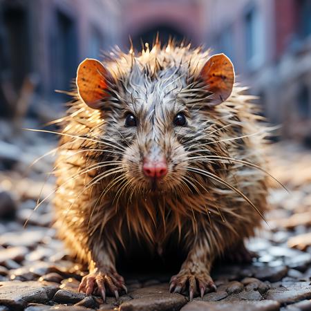 highly detailed documentary photo of giant rat:1.3,

depth of field, claws,  looking at viewer, blurry, blurry background, portrait, animal focus, whiskers, realistic

masterpiece, best quality:1.1, 

ultra photoreal, photorealistic:1.0, sharp focus:1.1, 
depth of field:1.1, 

50mm, style of Nathan Wirth, Hasselblad X1D II, Porta 160,
