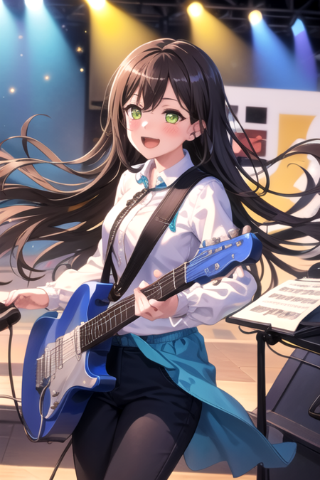 <lora:TAE-05:0.7> ,TAE, 1girl, solo, long hair, blush, smile, open mouth,  brown hair, shirt, long sleeves, holding, green eyes, yellow eyes, white shirt, :d, pants, black pants, blue shirt,  instrument, +_+, music, guitar, playing instrument, holding instrument, electric guitar