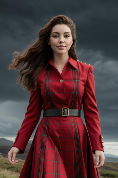 young woman, [scott eastwood: 0.2: adelaideKane: 0.4: dove cameron: 0.8], long hair, athletic body, symmetrical green eyes,
BREAK red tradition scottish dress, detailed skin, mid-twenty, high detailed skin, 
upper body, HD, storm background with lightning strikes, realistic, proportionate body, RAW Photo, 
<lora:breastsizeslideroffset:-0.4>