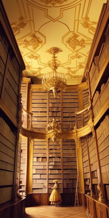 <lora:LibraryAI-000002:0.5> a queen in a golden dress in a baroque library with shelves with books to the ceiling