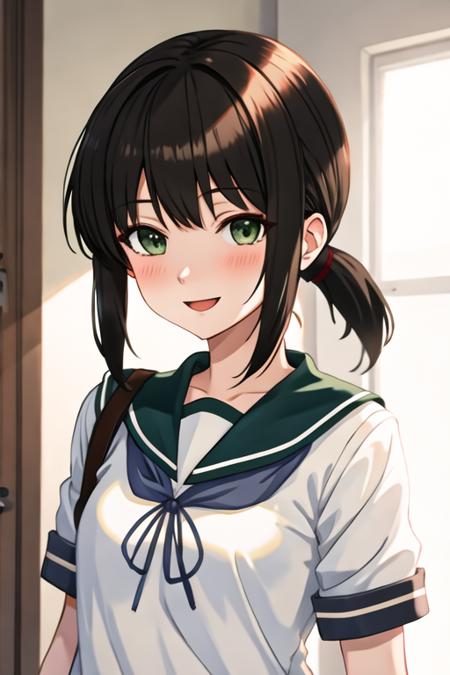 best quality, masterpiece, highres, solo, {fubuki_kantaicollection:1.15}, black_hair, ponytail, short_ponytail, serafuku, sidelocks, low_ponytail, smile, green_eyes, open_mouth, blush, 1girl, school_uniform, looking_at_viewer