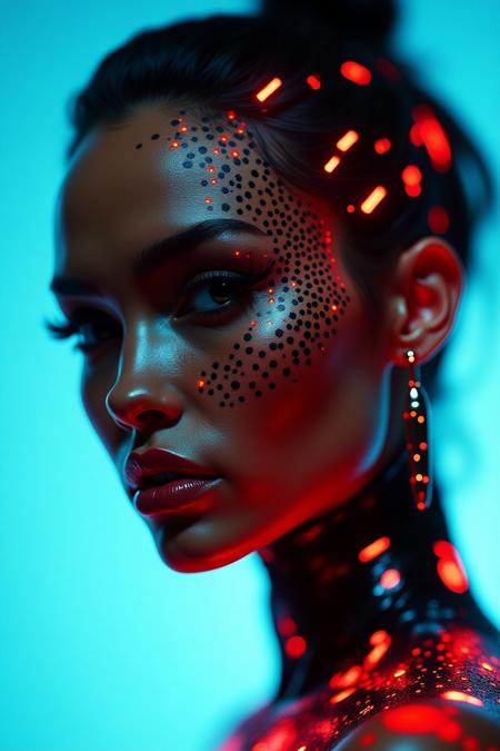 With striking clarity, a futuristic figure emerges, exuding a blend of human and robotic elements. The close-up portrait reveals a woman whose skin is adorned with intricate black dots and illuminated by vibrant red accents, creating a mesmerizing pattern that enhances her striking features. Her intense gaze, framed by elongated winged eyeliner and elegantly styled lashes, conveys an otherworldly presence, while her lips, subtly parted, evoke a sense of intrigue. The soft blue background contrasts with the fiery tones, highlighting the luminous details of her cybernetic design. This image radiates a captivating narrative of technology intertwined with beauty, inviting viewers to ponder the possibilities of a futuristic aesthetic.