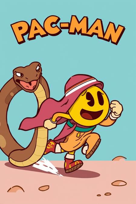 illustration of pacman dressed as a Moroccan snake charmer running away from a big snake, cartoon, simplistic,