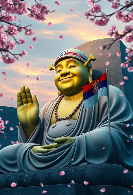 A serene and magical scene featuring a gigantic stone statue of Buddha, but with Shrek's face. The statue is in a meditative pose with cap on his head with logo SAP text and Serbian red blue white flag in one hand. The statue should resemble the Kamakura Buddha, smiling peacefully. Surrounding the statue are glowing Kanji characters, adding a mystical touch. Cherry blossom petals are blowing in the wind, filling the air.The skyline is beautiful, with high detail and an overall serene, masterpiece quality.