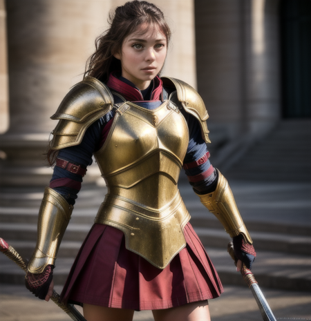 warrior, 1girl,  armor gold, skirt red, ((realism)), extremely high quality RAW photograph, ultra detailed photograph, sharp focus, high resolution, (detailed skin:1,3),high quality, film grain, Fujifilm XT3,Highly Detailed, movie,