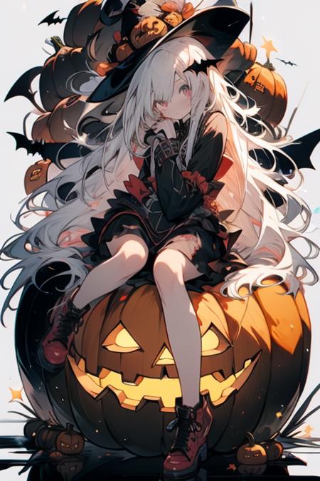 masterpiece, best quality, high quality, 4k, <lora:halloween-08:0.8>1girl,halloween costume,bat,Glowing Pumpkin,long hair, white hair, yellow eyes, Witch Hat <lora:Colorful portraits_20230715165729-000018:0.6>