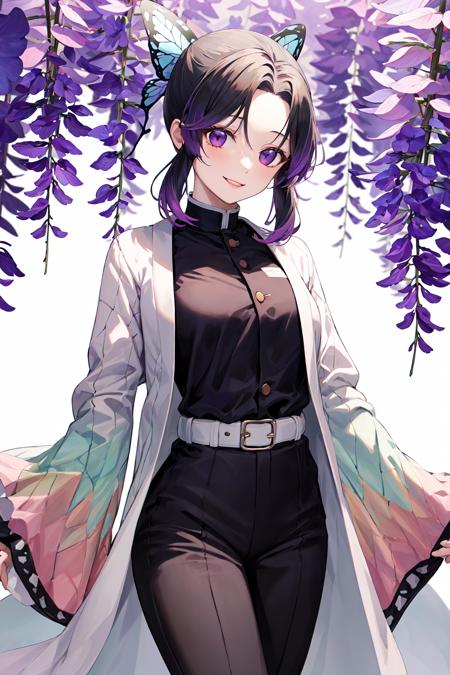 1girl, solo, kochou shinobu, butterfly hair ornament, purple eyes, multicolored hair, short hair, parted bangs, haori, wide sleeves, long sleeves, black pants, black jacket, belt