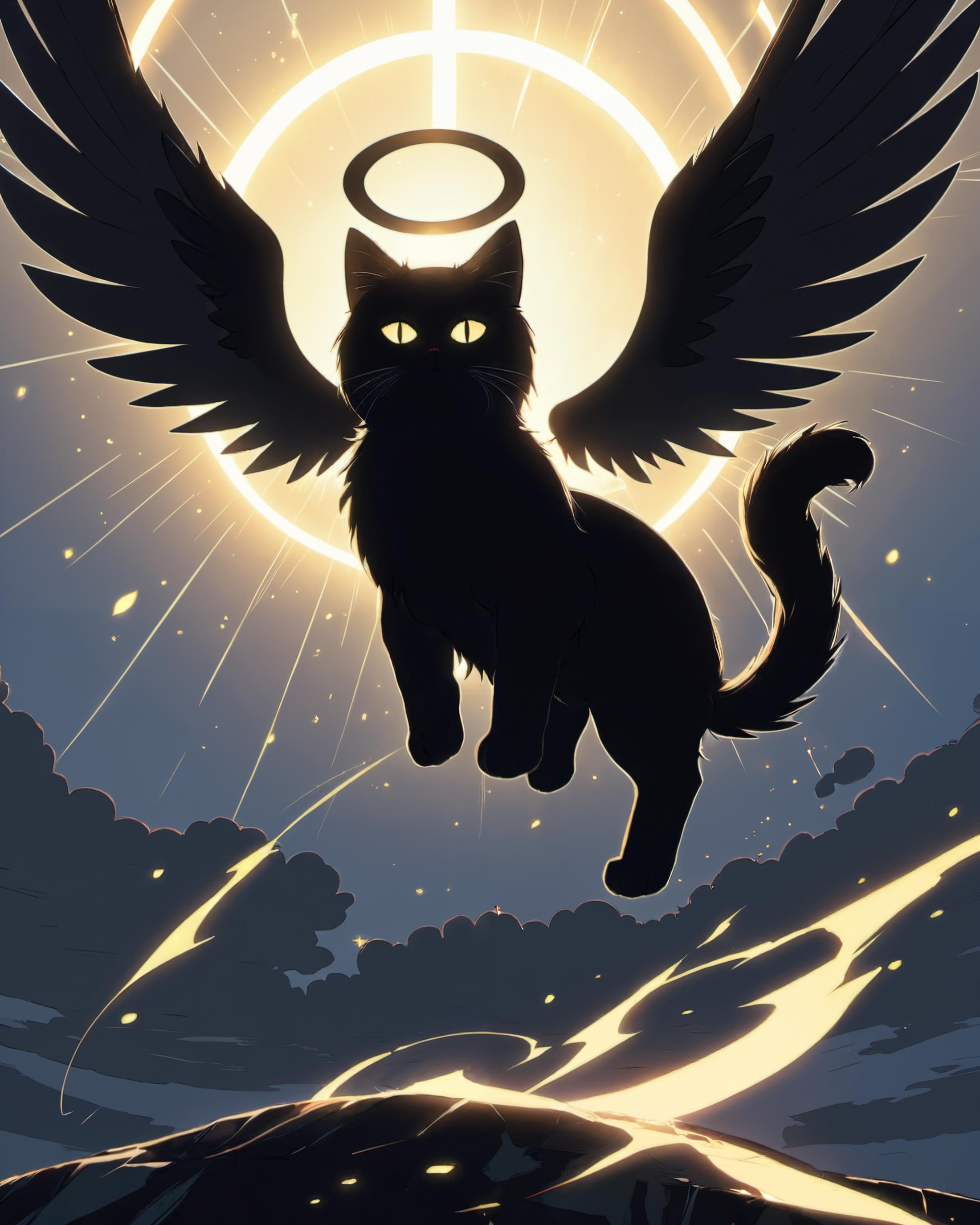 A Black Cat with Wings and an Angel Halo Flying in the Sky
