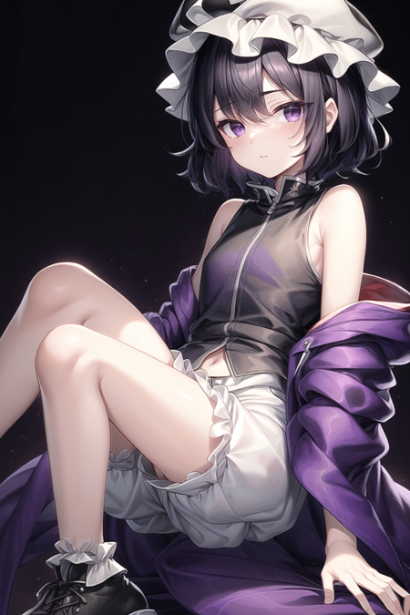 androgynous, 1other, bare shoulders, purple eyes, black hair, short hair, hat, mob cap, triangular headpiece, purple jacket, hooded jacket, off-shoulder jacket,puffy shorts, shorts, white shorts, wide sleeves, sleeveless shirt, black shirt, purple footwear, frilled hat