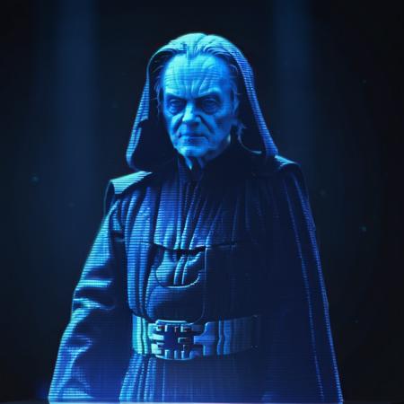 An intricate hologram of Emperor Palpatine from Star Wars, rendered in a lifelike, photorealistic style. The hologram exudes a sinister aura, capturing Palpatine's malevolent grin and deeply lined face, illuminated by the eerie blue glow of the projection. His eyes, shrouded in shadows, reflect cunning and dark power. The holographic effect is enhanced with light flickers and subtle static, adding to the realism. Background is minimal, focusing all attention on Palpatine's menacing presence, <lora:blue_ar:0.8>,blue