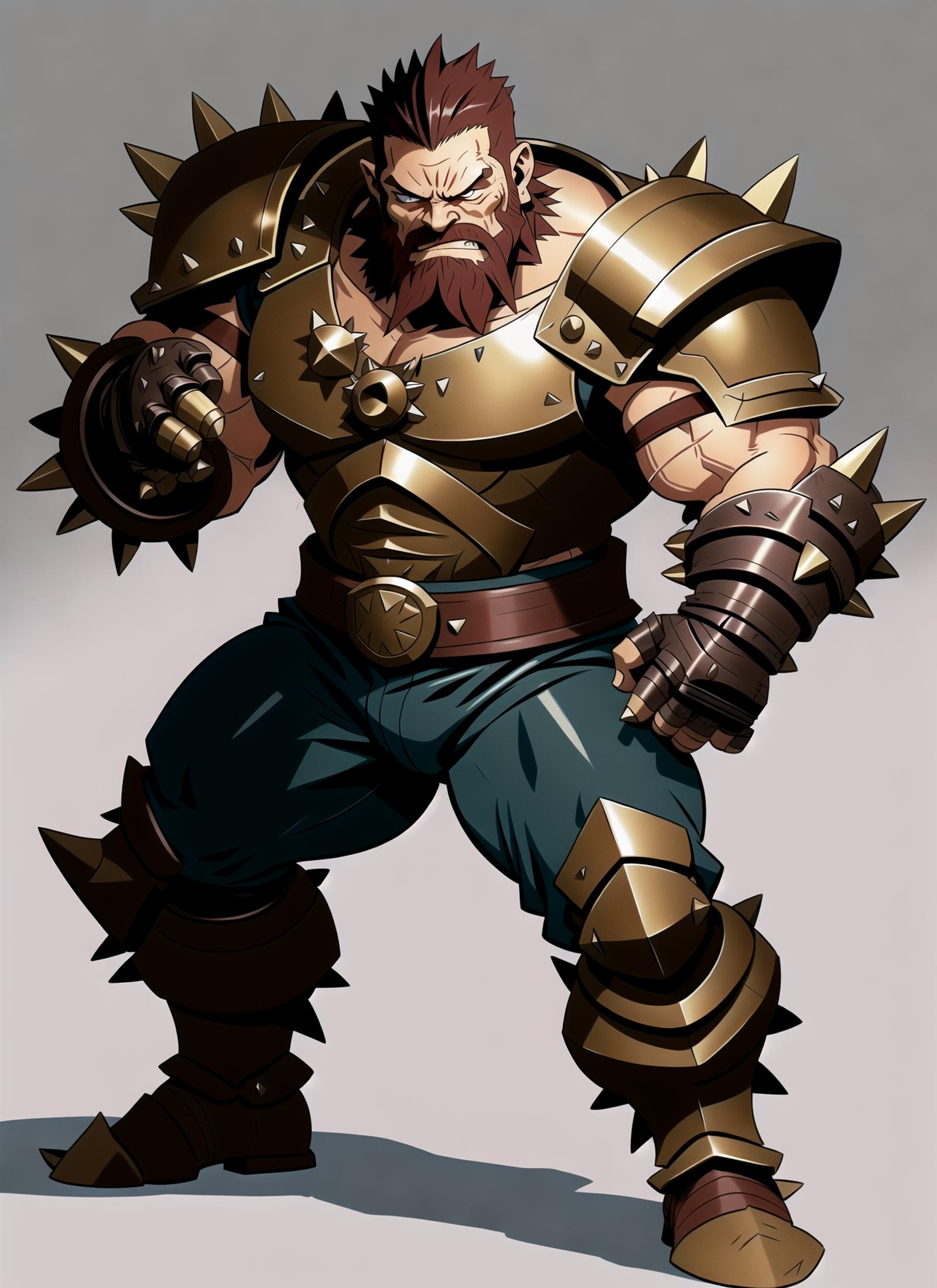 stout dwarf, short, squat, (metal lower jaw, spiked iron jaw, metal beard:1.2), heavy armor, military style, angry expression, furious eyes, mean, (massive spiked gauntlets:1.1) 
(intricately detailed, ink drawing, thick lines, , flat colors, Dungeons and dragons style full body portrait, 8k, deep color, fantastical), dynamic action pose, fight pose, <lora:add_detail:0.5>,
Clip Skip:2