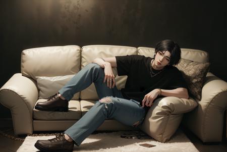 ((1man)), man, wooseok, solo, looking at viewer, black hair, short hair, arm resting on leg, black shirt, brown eyes, full body, male focus, couch, laying down, lounging, reclining, torn jeans, black socks, brown footwear, chain necklace, grungy background, grunge, dim lighting, nighttime, night, realistic, hyper detail, hyper realistic, Portrait, Long shot, portrait photo, hyper realistic, <lora:Wooseok:0.9>