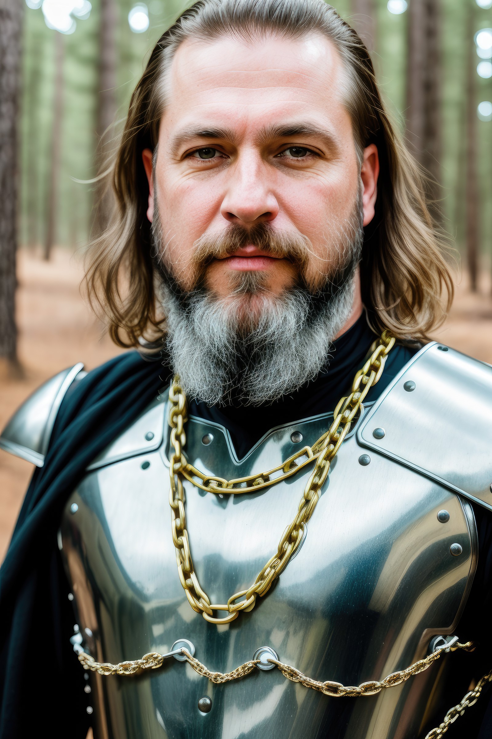 RAW photo, a close up portrait photo of 50 y.o man with beard, in chain armor clothes, long haircut, pale skin, slim body,...