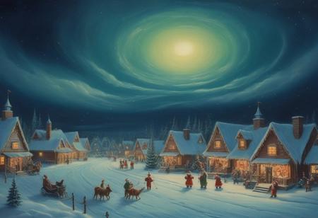 vintage painting of a christmas village at the north pole, aurora in sky, christmas night, celebration, santa in sky, santa is leaving on christmas night, christmas land,