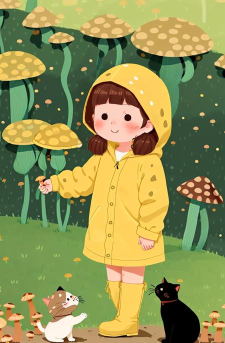 1girl, brown hair, outdoors, cat, raincoat, flower, solo, blush stickers, yellow raincoat, mushroom, plant, day, boots, standing, hood, holding<lora:Child illustrationa_20230804152414:0.8>