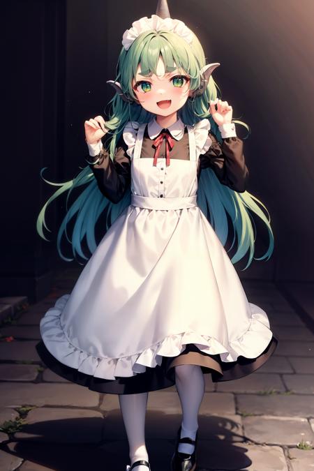 masterpiece, best quality,  <lora:KomanoAunn:1>,1girl, solo, long hair, green eyes, horns, maid, green hair, open mouth, alternate costume, apron, shoes, enmaided, heart, single horn, pantyhose, maid headdress, black footwear, white background, full body, bangs, smile, standing, dress, mary janes, looking at viewer, frills, blush, very long hair, long sleeves, shadow, white pantyhose, ribbon, black sleeves, :d, neck ribbon, detached sleeves, white apron, fang, red ribbon, black dress, thick eyebrows, curly hair, hands up, standing on one leg, maid apron, simple background, frilled apron, collared dress