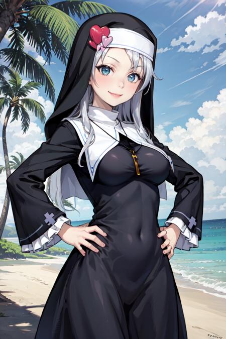 masterpiece, best quality, absurdres, KateTakayama, long hair, silver hair, habit, nun, black dress, heart hair ornament, cross necklace, beach scene, smug, hands on hips, smile, <lora:CHAR-KateTakayama:0.8>