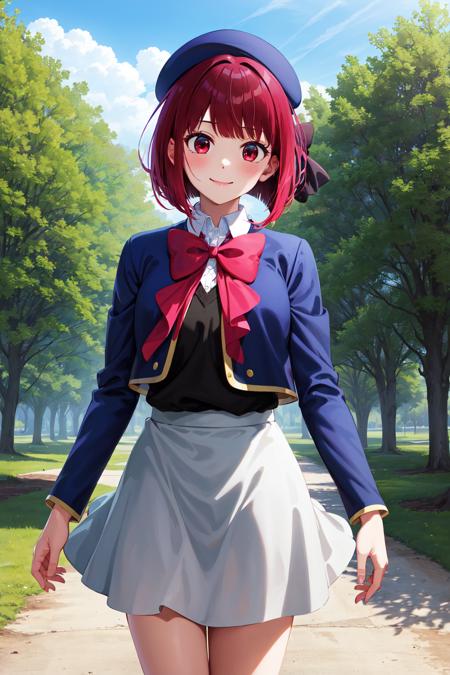 aakana, short hair, beret, red eyes, blue headwear, red bowtie, collared shirt, blue jacket, open jacket, long sleeves, grey skirt aakana, short hair, mini hat, head tilt, red eyes, jewelry, brooch, white ascot, frills, red shirt, short sleeves, pink gloves, black skirt