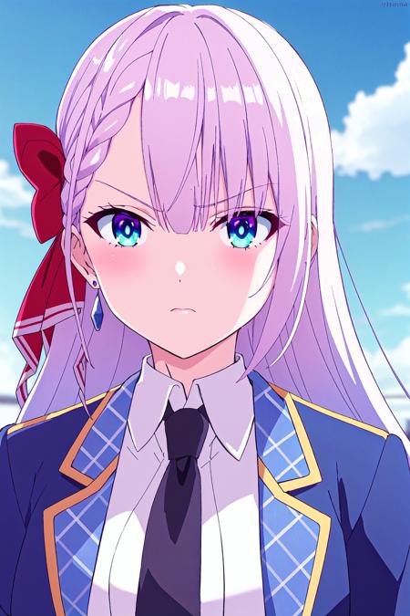 riselia, 1girl, solo, necktie,  black necktie,  looking at viewer,  shirt,  long hair,  jacket,  blue eyes,  collared shirt,  braid,  blue jacket,  white shirt, red ribbon, ribbon,  earrings,  outdoors,  sky,  bangs,  upper body,  portrait,  day,  multicolored eyes, school uniform, frown
high quality, best quality, ultra detailed, masterpiece, <lora:EMS-54227-EMS:0.700000>