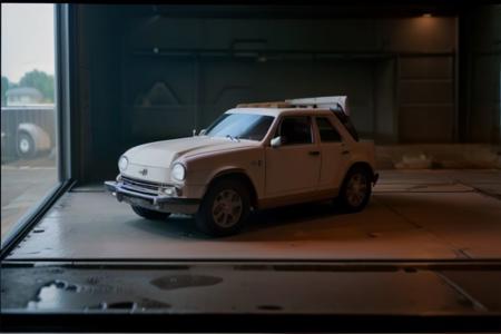 1 vehicle, 
wilwari ground vehicle
(figrne, on a base, behind glass case)
backdrop is wet concrete road of American highway, 
8k,