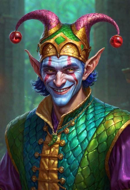 trickster, snake-elf, not smiling, smile scars in his scales, jester, joker, yuan-ti, fantasy, colorful and vibrant, whimsical pencil illustration, highly detailed, high quality, intricate, D&D character, bard, digital painting, artstation, concept art,