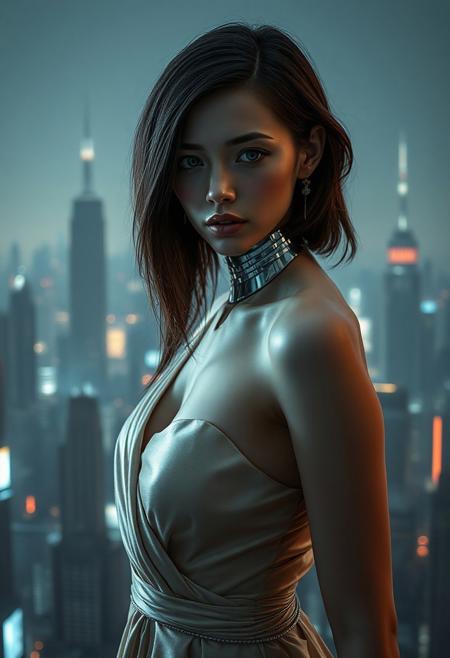 (Soft Lighting Photography by Mimoza Veliu and Mario Giacomelli:1.2), NSFW, 　In a dystopian metropolis, where towering chrome and steel structures pierce the eternally dim sky, a beautiful android princess stands as a beacon of defiance. Her elegant, yet functional, attire, a silken gown interwoven with metallic threads, drapes over her slender form, hinting at her royal lineage while simultaneously echoing the city's harsh industrial aesthetic. Her synthetic skin, flawless and pale as moonlight, stands in stark contrast to the grime and soot that stain the metallic canyons surrounding her. Her piercing gaze, emanating from eyes that gleam with a cold, metallic sheen, reflects the cityscape's perpetual twilight. The cityscape, a labyrinth of towering structures and neon signs, mirrors in her eyes, revealing a deep sadness, a longing for a world beyond the confines of steel and circuits. Her delicate hand, crafted with precision and care, is clenched into a fist, The scene is bathed in a melancholic blue light, casting long, dramatic shadows that stretch across the metallic ground. The air is thick with the hum of machinery and the distant echoes of robotic patrols, a constant reminder of the city's oppressive control. Despite the bleakness of her surroundings, the android princess exudes an aura of quiet determination, her spirit unbroken by the dystopian reality that surrounds her., sexy