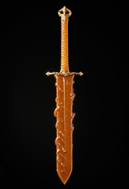 best quality, masterpiece, high resolution, intricate detailed,
beautiful photo of a caramel fantasy (sword:1.1) 
sword made of caramel sauce,
rays of light, natural light, simple black background