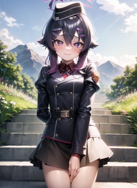 <lyco:haruka1-000008:1.0>, harukadef, upper body, smile, blush, outdoors, day, simple background, blue sky, sky, temple, looking at viewer, stairs, mountain, moody lighting, facing viewer,