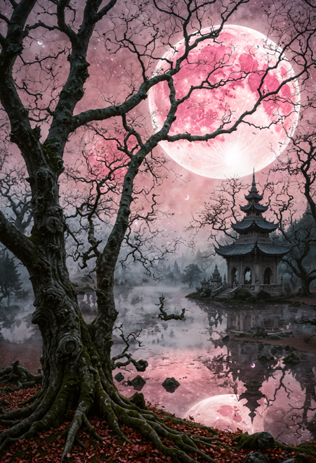 surreal painting representing strange vision of in mystic grove, ancient trees, bewitching mists, home to mythical creatures, Close-up, gray and pink Coconut is attractive, enigmatic moon eclipse on the background, inspired by The Middle Ages, medieval art, elaborate patterns and decoration, Medievalism (embedding:SimplePositiveXLv2:0.8)