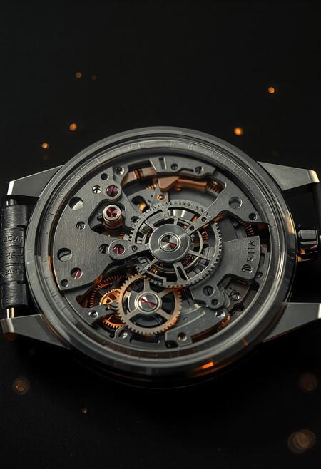 A highly detailed and photorealistic scene capturing the intricate internal workings of a mechanical watch, its delicate components exposed in stunning clarity. The watch’s interior reveals a complex network of tiny, polished gears, their surfaces etched with fine engravings, meshing seamlessly as they turn with precision. Golden springs and screws glint under soft light, while the balance wheel oscillates rhythmically, its ruby bearings glowing faintly with a deep red hue. The mainspring, tightly coiled, shines with a metallic sheen, and the escapement ticks with meticulous accuracy, each movement casting micro-shadows on the surrounding parts. The background is a sleek, matte black surface, emphasizing the watch’s metallic brilliance and intricate details. A subtle surreal element adds a mesmerizing touch—faint, glowing particles of golden light, like miniature stars, hover around the gears, their soft luminescence reflecting off the polished surfaces, creating an ethereal contrast with the mechanical precision. The scene feels both technical and magical, rendered with ultra-photorealistic precision, lifelike textures, and high contrast, optimized for FLUX.1 with sharp edges and cinematic depth, crafting a breathtakingly realistic view of a mechanical watch’s inner beauty.