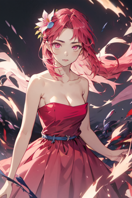 Dowon, 1girl, solo, long hair, hair ornament, strapless, red dress, cleavage, bare shoulders, medium breasts, collarbone, pink hair, hair flower, pink eyes, bare arms, 