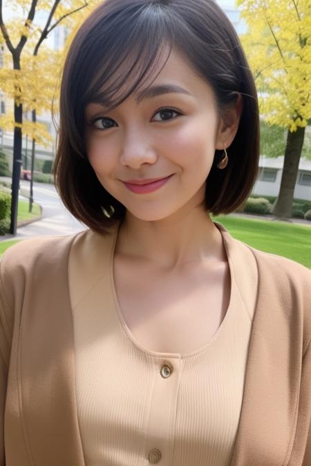 1girl,(wearing a blouse and light brown long jacket:1.2),(RAW photo, best quality), (realistic, photo-realistic:1.4), masterpiece, an extremely delicate and beautiful, extremely detailed, 2k wallpaper, Amazing, finely detail, extremely detailed CG unity 8k wallpaper, ultra-detailed, highres, soft light, beautiful detailed girl, extremely detailed eyes and face, beautiful detailed nose, beautiful detailed eyes,cinematic lighting,autumn scenery,at a park,perfect anatomy,slender body,smiling  <lora:takadakaho_lora:0.8>