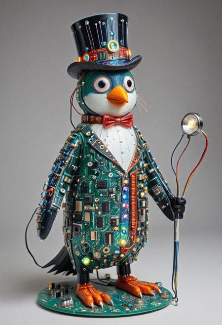 embedding:lazmpos, Transistors, pcb_style, LED, colorful LED lights, RGB lights, red green and blue penguin, art deco, top hat, cane, monocle,RetroBG