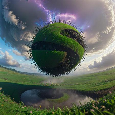 anime key visual, majestic, eye-level shot of a Upside down Asymmetrical ("The Whirlwind of Instinct":1.3) , lush flower field and Asteroid in background, Foggy conditions, equirectangular 360, Fine art, Tranquil, Nintencore, Indirect light, telephoto lens, Monochrome, expressive brush strokes, Instagram, trending on artstation, arthouse