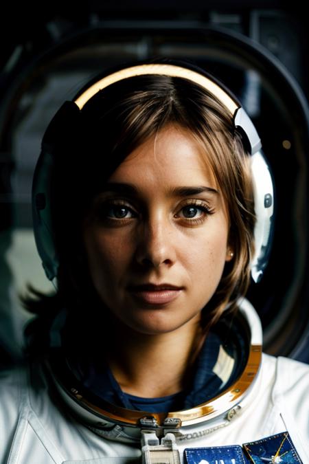 <lora:Louise_Nurding_nee_Redknapp:1> l1873n, 1girl, solo, a woman, masterpiece, best quality, detailed face, astronaut, space, stars