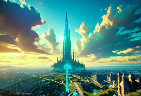 score_9, score_8_up, score_7_up, rating_safe, no humans, landscape, scenery, outdoors, fantasy, dreamlike, surreal, magical, detailed, epic, cinematic, breathtaking, stunning, vibrant colors, castle, city, clouds, blue sky, endless, amazing, 3d, volumetric lighting, raytracing