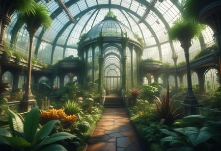Epic cinematic digital matte painting. Wide shot. A futuristic greenhouse (((city))) fills the frame, extraordinary exotic plants and trees permeate the city's intricate, Victorian-inspired architecture. Wide-angle panoramic view. Inspired by Les Cités obscures, inspired by Urbicande, Lush vegetation. Warm sunlight filters in through the misty, stained-glass. Best quality, meticulously detailed, 8k resolution. Cinematic masterpiece, atmospheric lighting, ecological utopia, biodome architecture, mystical ambiance, futuristic camelot, magnificent botanical garden, legendary hidden city.