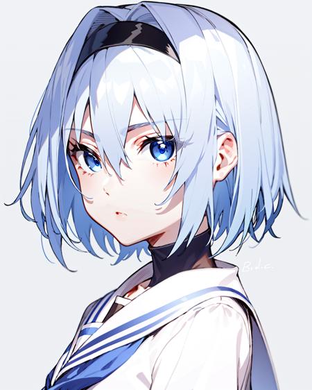 1girl, [white hair:blue hair:0.3], short hair, black hairband, blue eyes, expressionless, white serafuku,  <lora:soraginko-AOM3A1B-Lora:0.9>