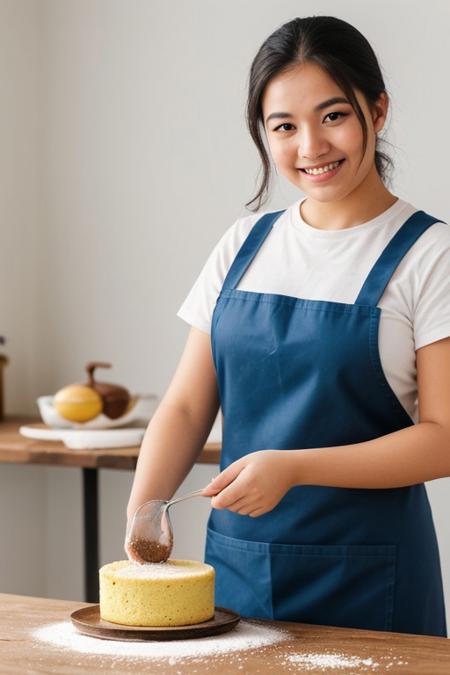 Cheerful young woman and man mixing flour and beating eggs, on a table. "Isolated on white background", "wide shot", apron, sri lankan, uncropped, looking at the cake, holding a cake
