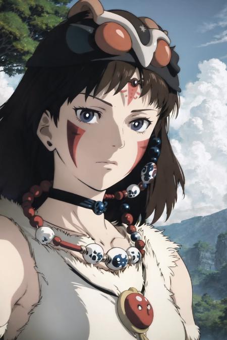 san (mononoke hime), 1girl, brown hair, choker, facial mark, jewelry, mask, solo