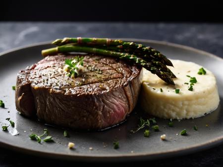 cinematic photography, RAW photo, closeup shot, very closeup on subject, side view, ground shot, perfect round medallion of fillet mignon steak, (uncut:1.5), well marbled, cooked rare, perfectly browned all around, ((dark caramelization on the top surface of the steak)), nice char, (pat of garlic herb butter (on top) of the steak), (au jus), with mashed potatoes and grilled asparagus on the side, all sitting on gray stone plate, (steam rising from the food), ,bokeh, shallow depth of field, food photo, 8k, ultra sharp focus, intricate details, hyperrealism, DSLR, volumetric lighting, rim lighting, high quality, film grain, Fujifilm XT, SK_CINEMATIC, <lora:zavy-rmlght-sdxl:1> zavy-rmlght