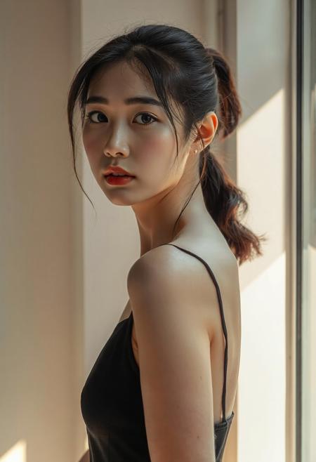 DSLR-style, slender, elegant 26-year-old Korean model, translucent pale skin with natural texture, soft shadow on cheek, diffused daylight from side, parted lips, clean background, solo, masterpiece, ultra high-res  
<lora:NOOB_vp1_detailer_by_volnovik_v1:1>
barely visible pores, subtle skin texture variation, translucent skin tone
A high-resolution portrait of a beautiful 26-year-old East Asian woman standing by a window, natural morning light casting soft shadows on her face and body, wearing a sleek black dress with elegant simplicity, subtle expression, realistic skin texture, slightly tousled hair tied in a ponytail, cinematic lighting, shallow depth of field, hyperrealistic style, emotional atmosphere, DSLR photography look