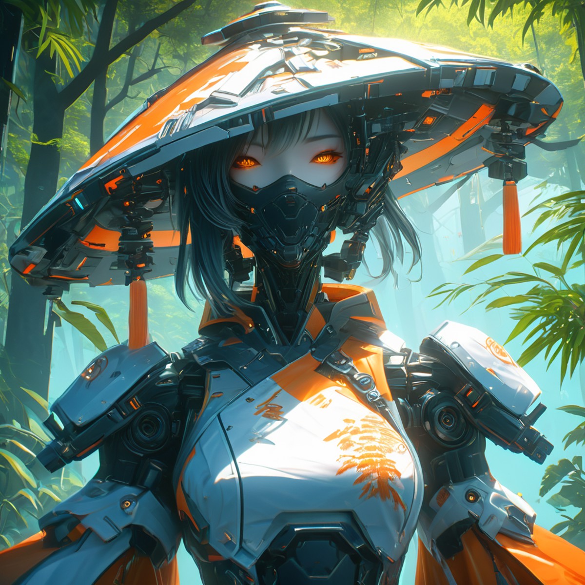 Female cyborg samurai character from Genshin Impact, wearing orange and white with an Asian style hat on her head, in the ...