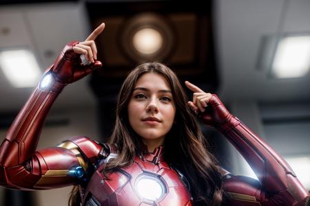 Marvel movies,from below,photo of a 18 year old girl,ironman,pointing at viewer,happy,ray tracing,detail shadow,shot on Fujifilm X-T4,85mm f1.2,depth of field,blurry background,bokeh,motion blur,<lora:add_detail:1>,