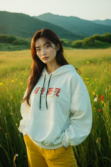 (HD, masterpiece, best quality, hyper detailed, ultra detailed, super realistic),In a breathtaking meadow at dusk, an Asian woman with long, wavy brown hair stands gracefully amid wildflowers swaying in the gentle breeze. She wears a stylish white hoodie printed with bold red text and bright yellow pants that pop against the colorful backdrop. A delicate bracelet adorns her left wrist, and she playfully holds a small bunch of vibrant flowers in her left hand. The soft light of the setting sun envelops the scene in warm hues, creating a dreamy atmosphere. Captured from a slightly low angle, the photograph features a blurred background of tall grass and distant hills, emphasizing her connection to nature. The composition follows the rule of thirds, positioning her off-center and evoking a sense of serene beauty and tranquility., green eyes, blue eyes, brown eyes, perfecteyes, jpn-girl, Movie Still, Film Still, Cinematic, Cinematic Shot, Cinematic Lighting, SDXL Hands XL + SD 1.5 + FLUX.1-dev<lora:SDXL PerfectEyesXL.safetensors:0.5:0.5> <lora:SDXL japanese_girl_v1.1.safetensors:0.7000000000000001:0.7000000000000001> <lora:SDXL Juggernaut Cinematic XL LoRA.safetensors:0.7000000000000001:0.7000000000000001> <lora:SDXL Hands XL + SD 1.5 + FLUX.1-dev.safetensors:0.7000000000000001:0.7000000000000001>
