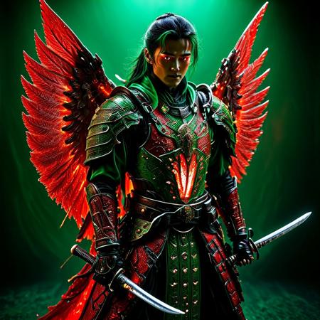 (Anime cyberpunk style) depiction of An Avenging Archangel, (highly detailed) features intricate Red and Black Samurai armor with RED LED glowing accents amidst a dark background, creating a striking contrast. The ambiance is intense and dramatic, infused with neon colors of blues and greens, highlighting his powerful presence and evoking wonder and awe. (HD), ultra-detailed, captivating composition.