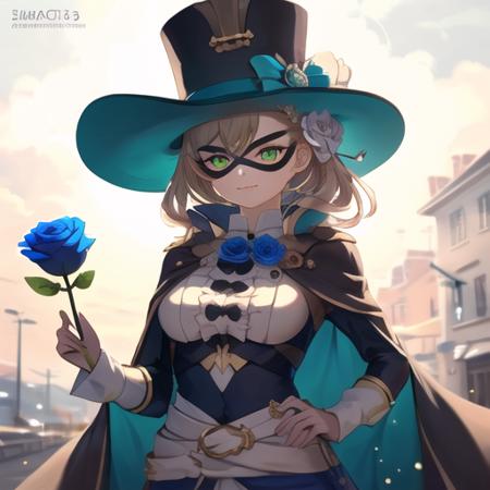 (masterpiece, top quality, best quality, beautiful, and aesthetic:1.2) lapi5, 1girl, holding a blue rose, mask, hat, cape, slight smile, <lora:lapisproject1-10:.8>