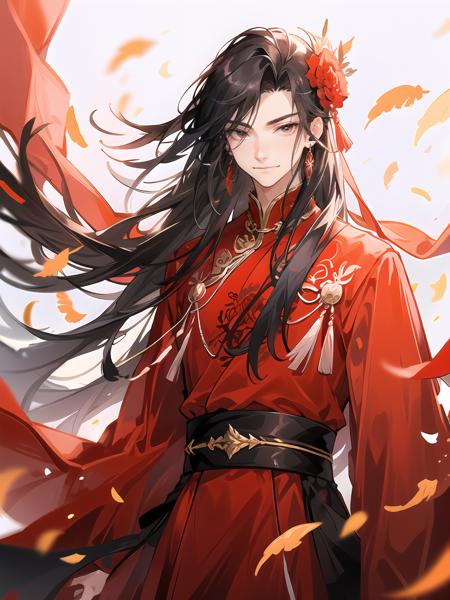 1boy, male focus, long hair, hair ornament, black hair, solo, jewelry, petals, chinese clothes, earrings, flower, long sleeves, falling petals, looking at viewer, upper body, hair flower, feathers, red dress, dress, bishounen, sash<lora:guofengnan:0.6>,black eyes,smile,