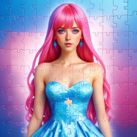 sfw, puzzle_morph_rks art style,  ,masterpiece,(best quality),extremely detailed ,  a beautiful woman in a dress, shikimorisan, pink hair, long hair, blue eyes, hair between eyes, bangs, vibrant glow<lora:challenge\Puzzle.safetensors:0.75:0.75>